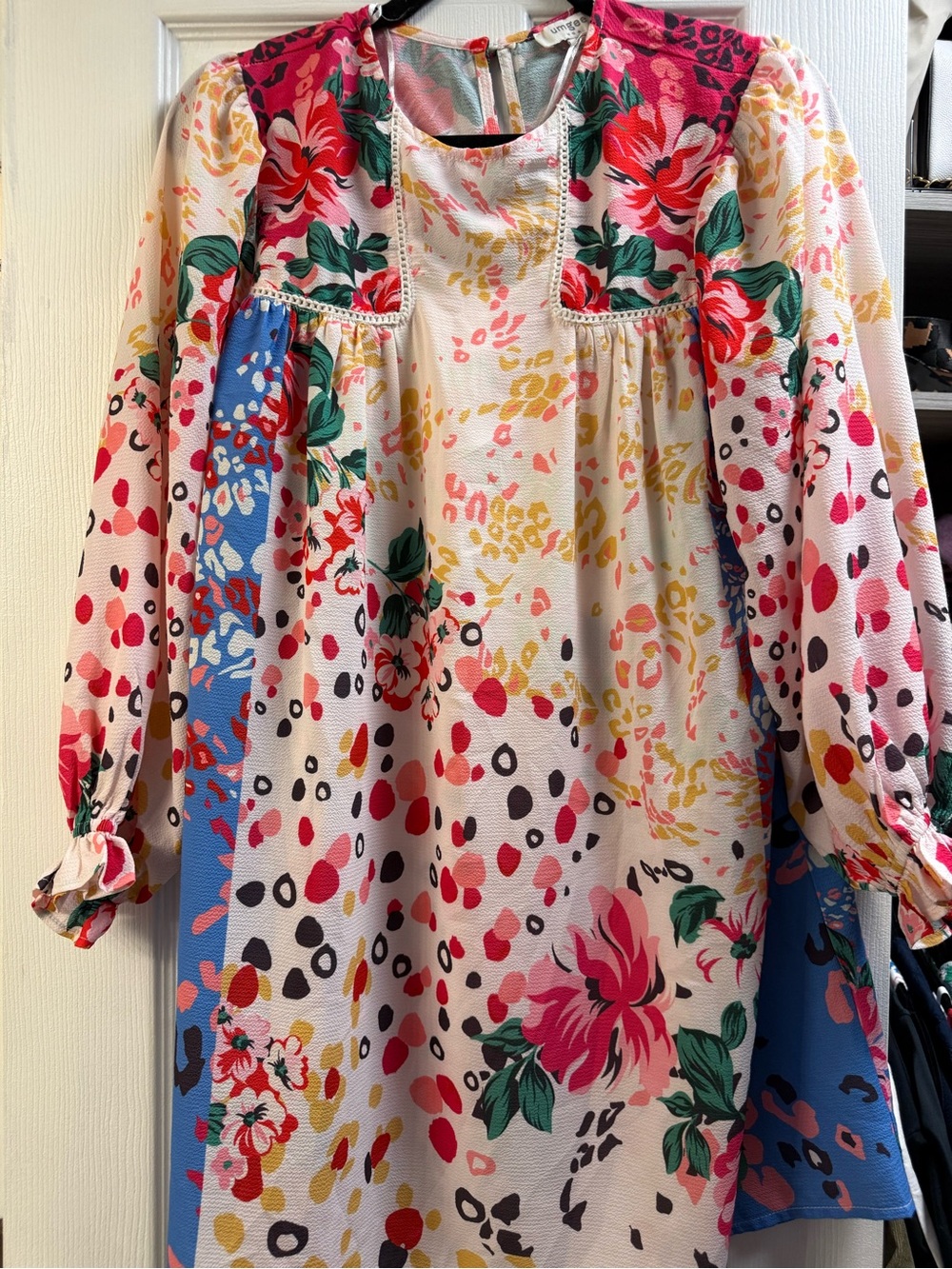 Umgee Pink, Red, Green, Blue Floral & Spot Mixed-Print Long Sleeve Dress